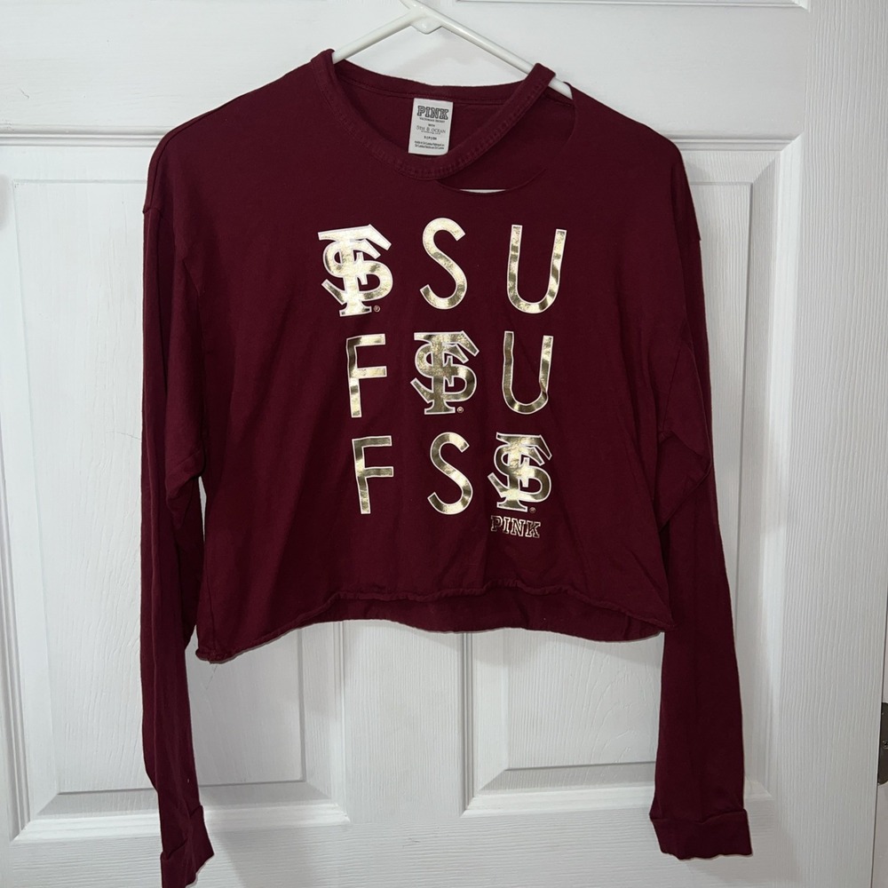 Florida State Seminoles Pink VS Shirt Women's Sz Small Burgundy Long Sleeve Crop - Picture 6 of 7